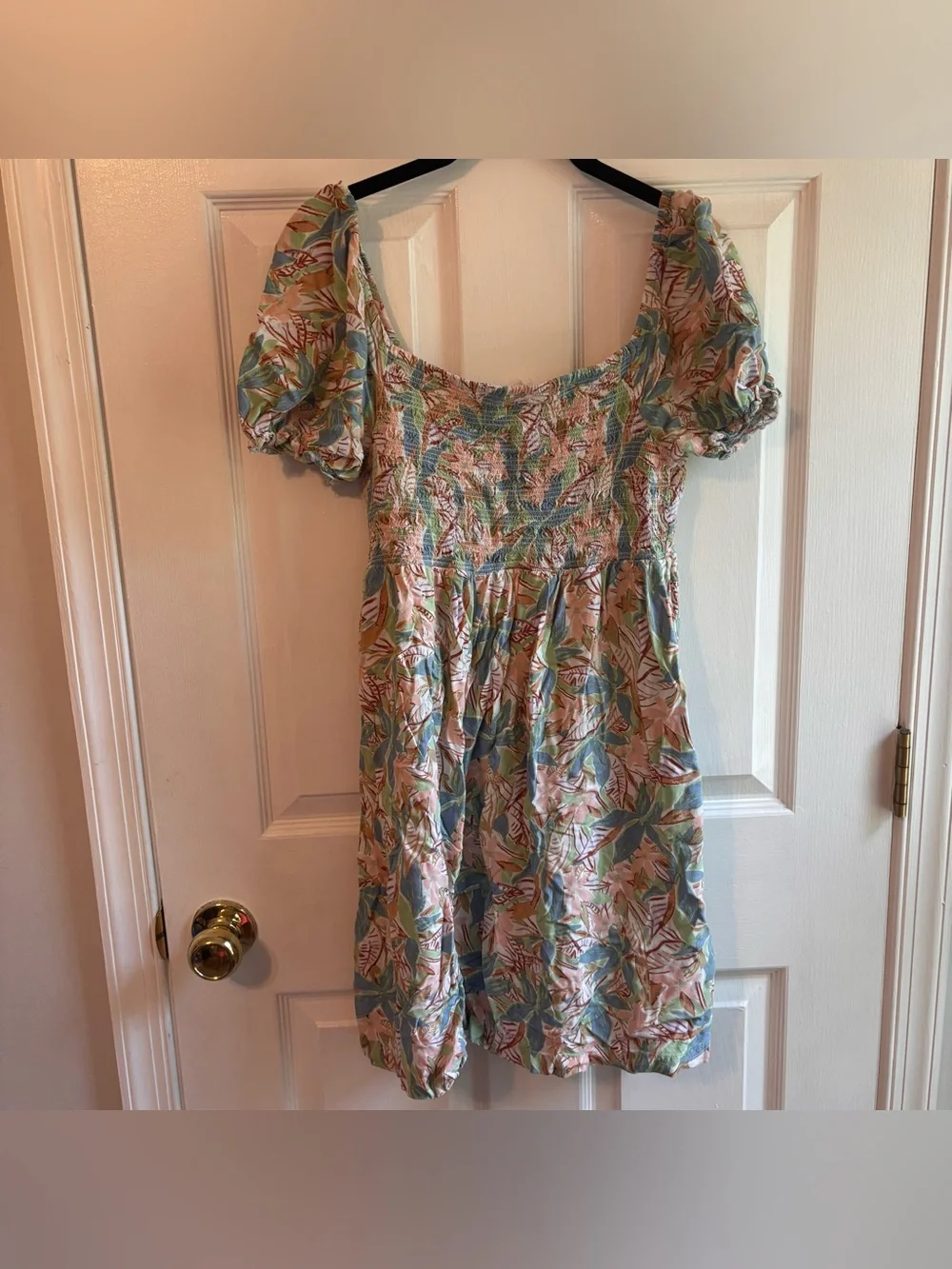 Roxy Hello Petal Mini Dress Tropical Floral Smocked Puff Sleeve M